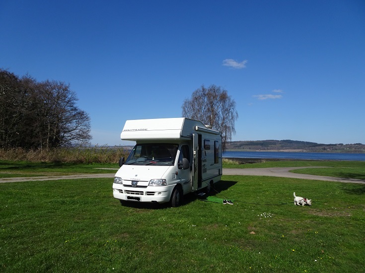 Poppy the westie outside the motorhome at Bunchrew with the firth of beauly and snow capped mountains in the distance