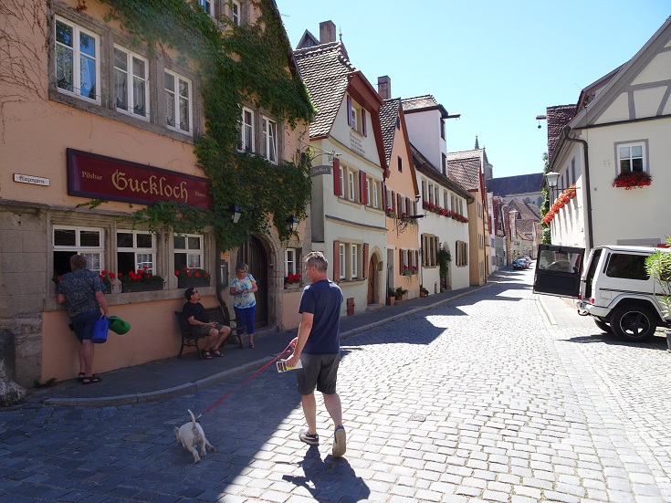 Poppy the westie on a cobbled street in Rothernburg ob der Tauber