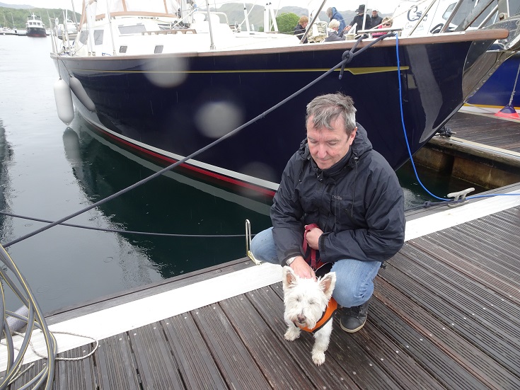 poppy-the-westie-beside-Prinsess-Annes-boat-Ballochbuie-ardfern