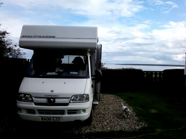 poppy the westie beside betsy the motorhome at Monifieth and Broughty Ferry